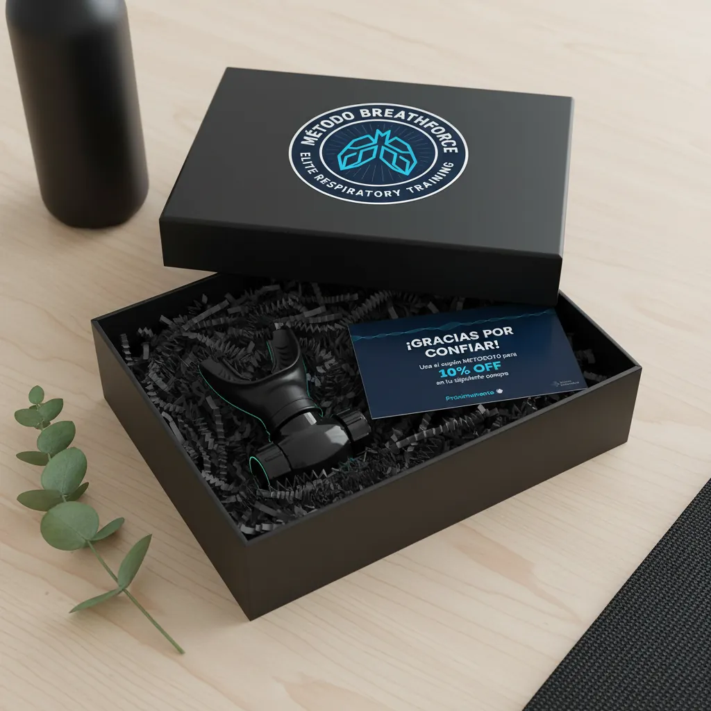 Caja del kit BreathForce con el entrenador respiratorio y la tarjeta de bienvenida