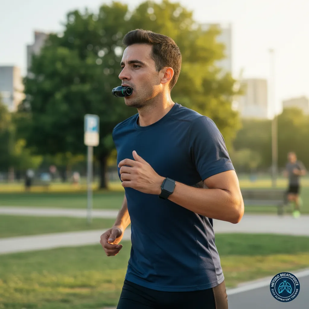 Runner usando el entrenador respiratorio BreathForce antes de correr