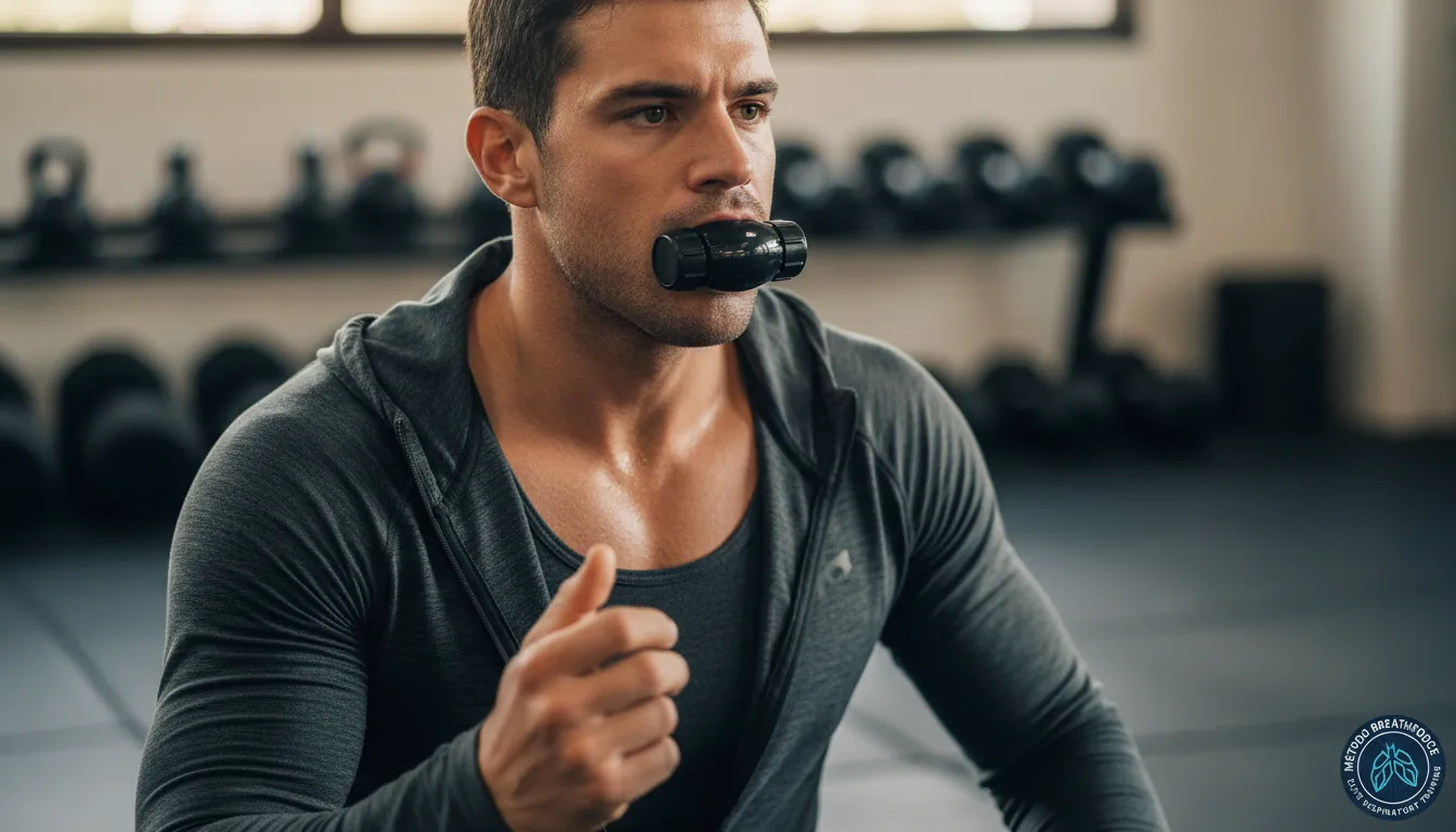 Deportista entrenando la respiración con el BreathForce en el gimnasio